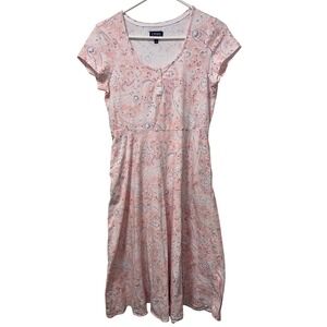 Chaps Paisley Print Midi Dress Pink Blue Short Sleeve Button Neck Women's Size S